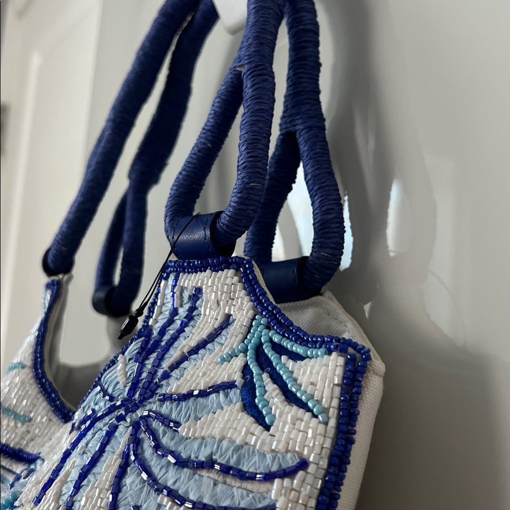 Hand-Beaded Blue & White Tropical Bird Resort Tote | Coastal Chic Like New - Picture 5 of 15
